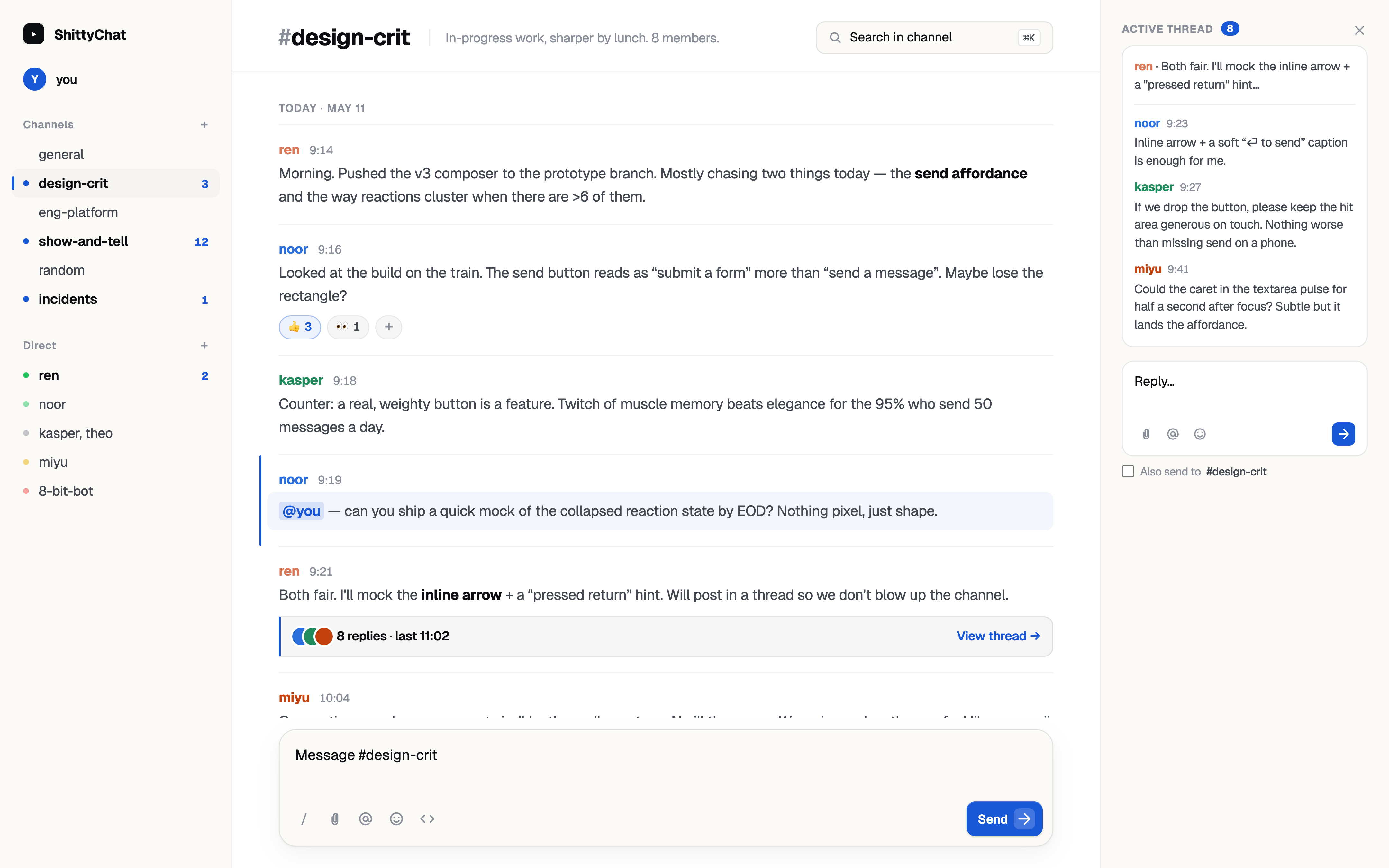 The Shitty Chat interface showing channel navigation, message history, and composer controls.